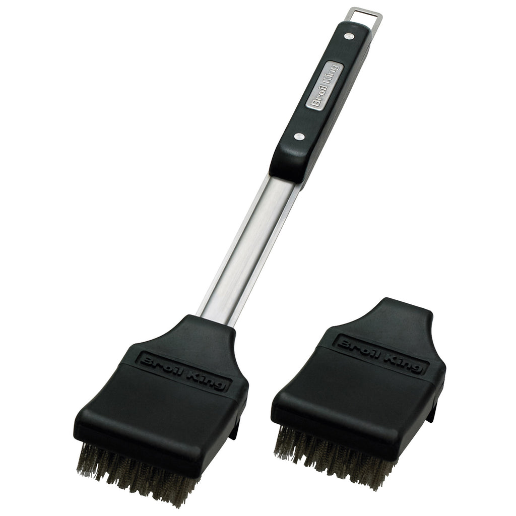 Grill brush set with two black bristle heads and silver metal handle.