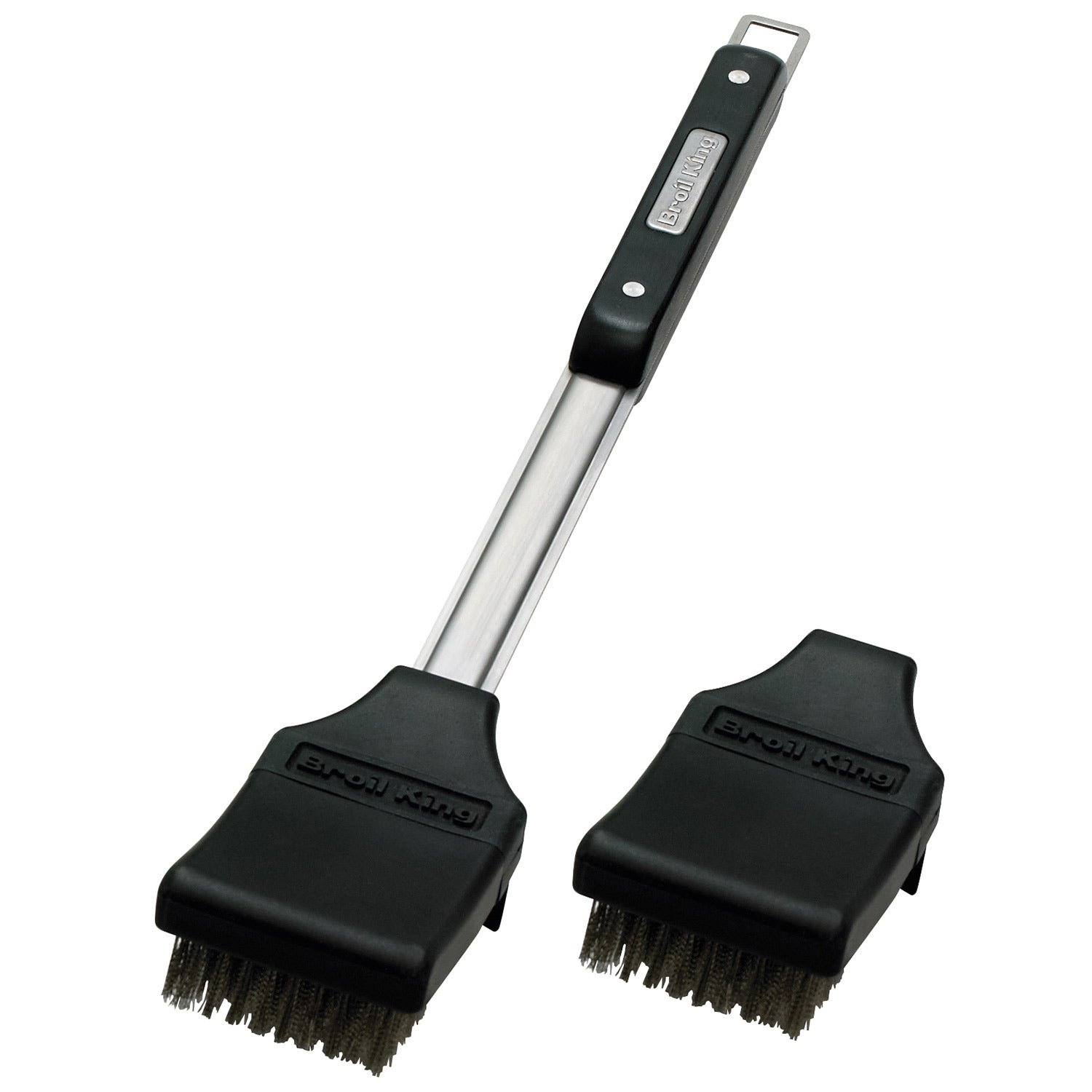 Grill brush set with two black bristle heads and silver metal handle.