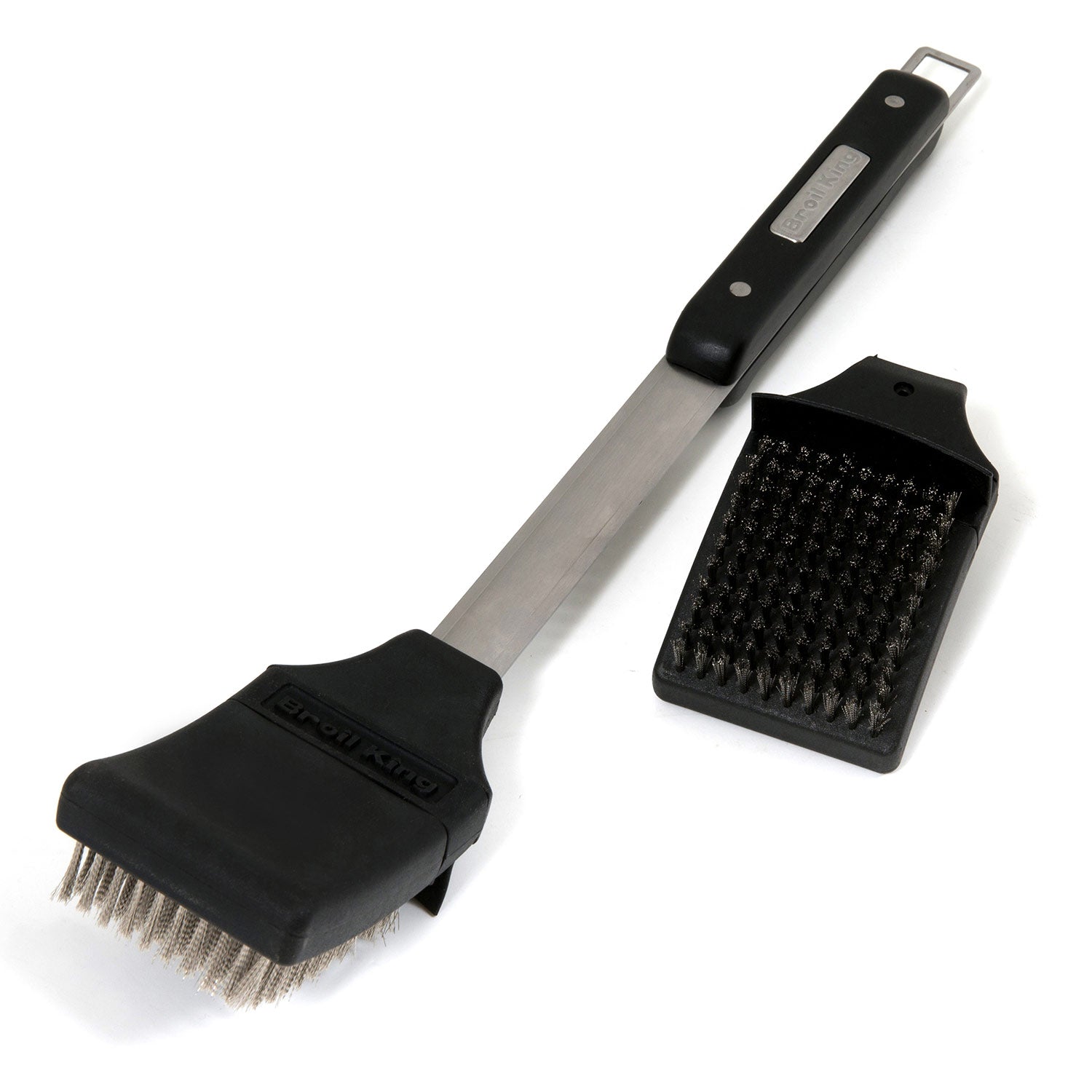 Grill brush with black bristle head and box scraper, on silver metal handle.