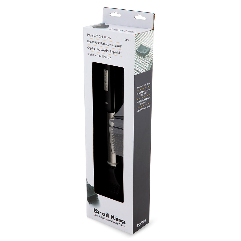 Broil King grill brush package showing black brush and metal shaft in box.