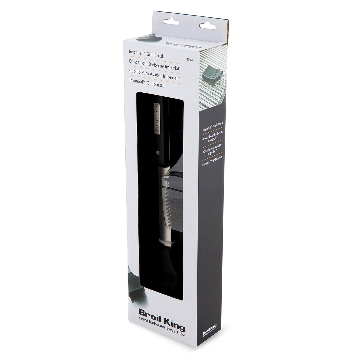 Broil King grill brush package showing black brush and metal shaft in box.