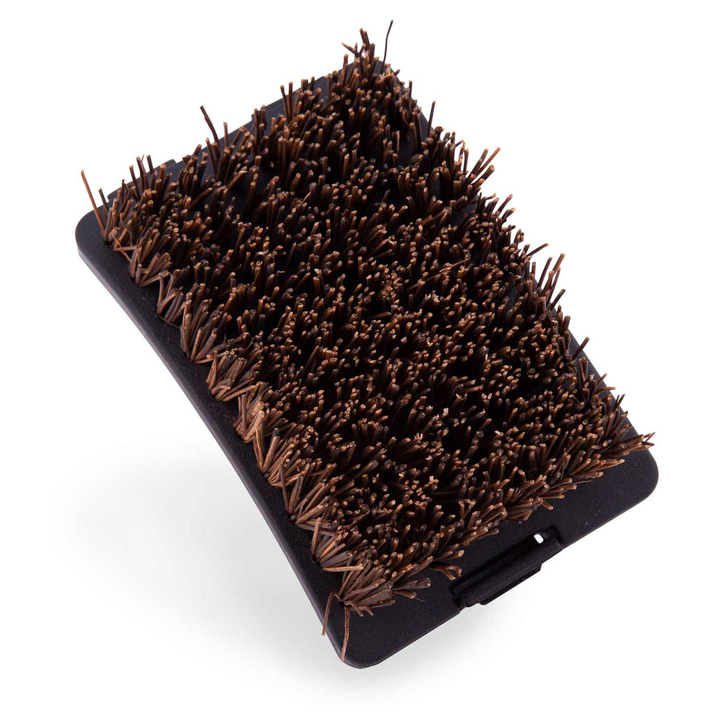 Grill brush head with dense brown bristles on black rectangular base.
