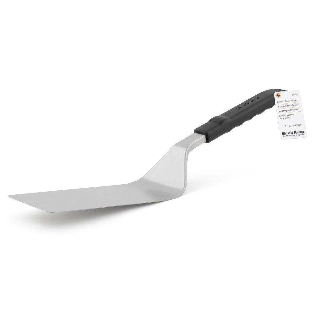 Stainless steel grill flipper spatula with black handle and angled blade