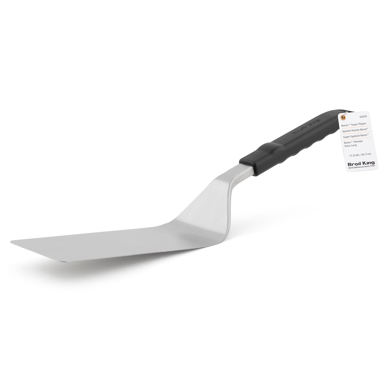 Stainless steel grill flipper spatula with black handle and angled blade