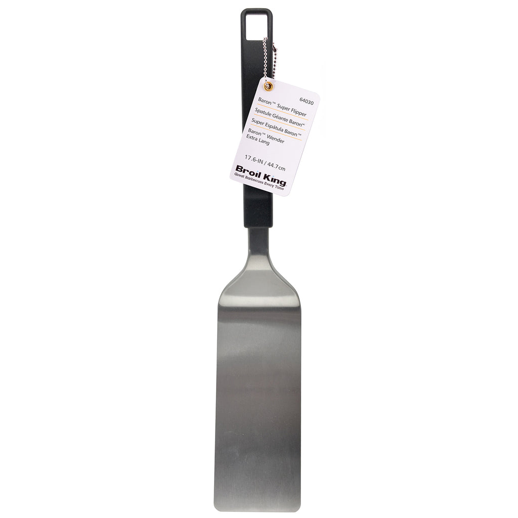 Baron Super Flipper grill spatula with stainless blade and black handle on hanging tag