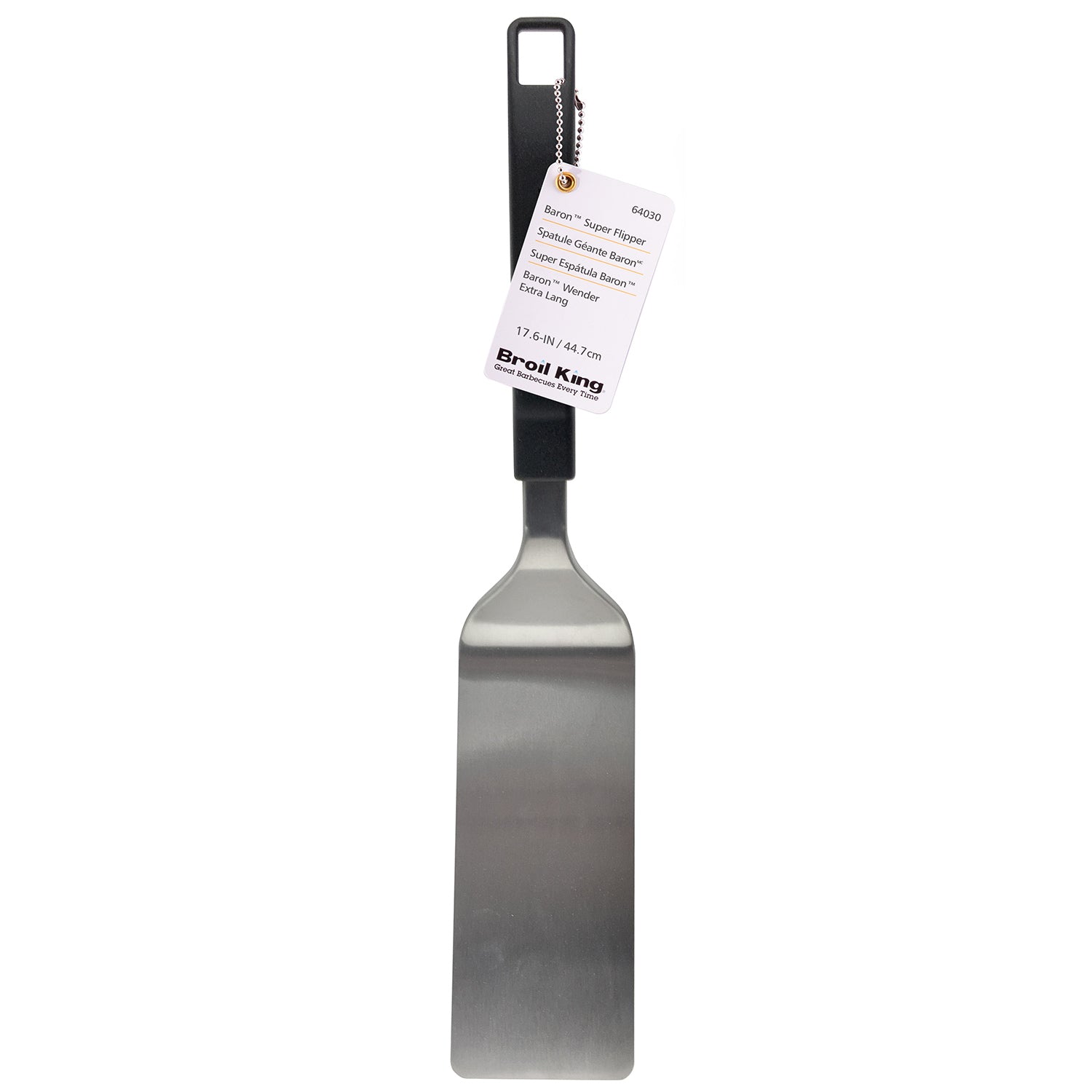 Baron Super Flipper grill spatula with stainless blade and black handle on hanging tag