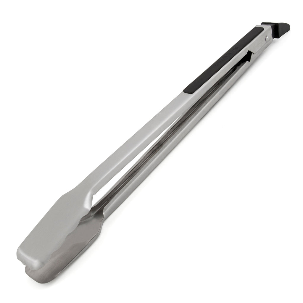 Broil King grill tongs: silver metal arms, black handle end, locking grip tips.