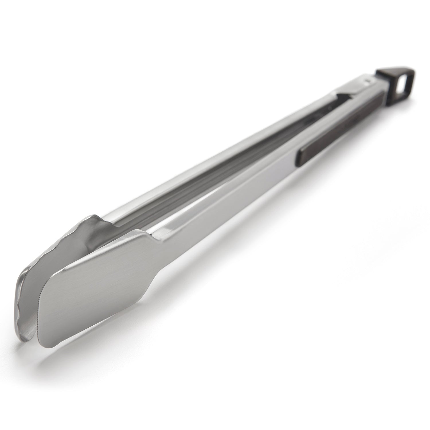 Broil King grill tongs with wide silver grip, slim stainless body, black locking latch.