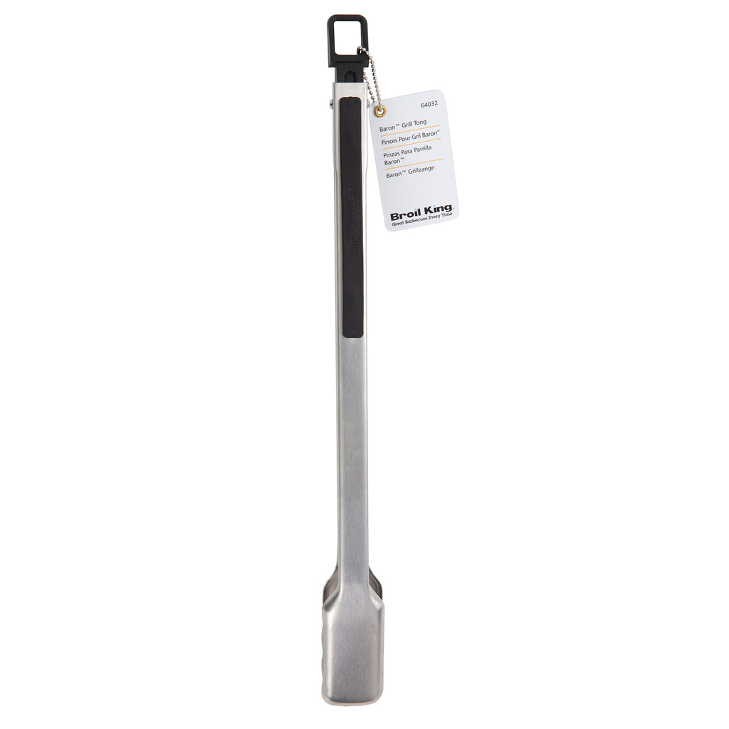 Broil King grill tongs standing upright with black hanging strap and stainless handle.