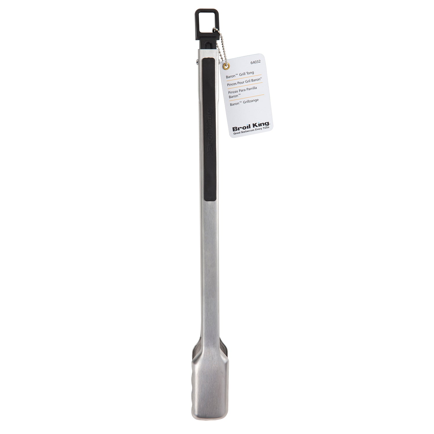 Broil King grill tongs standing upright with black hanging strap and stainless handle.