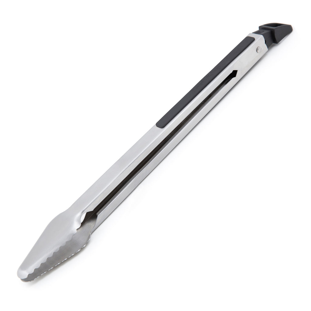 16-inch precision tongs with scalloped jaws, stainless finish and black handle grip