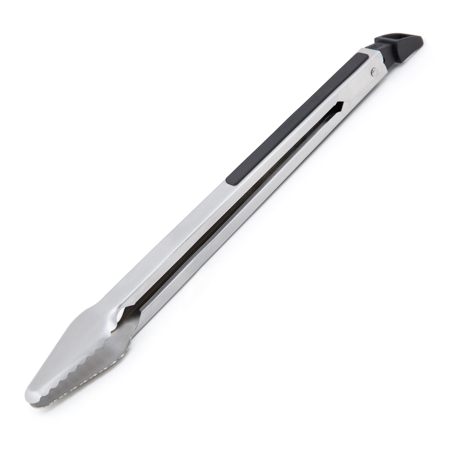 16-inch precision tongs with scalloped jaws, stainless finish and black handle grip
