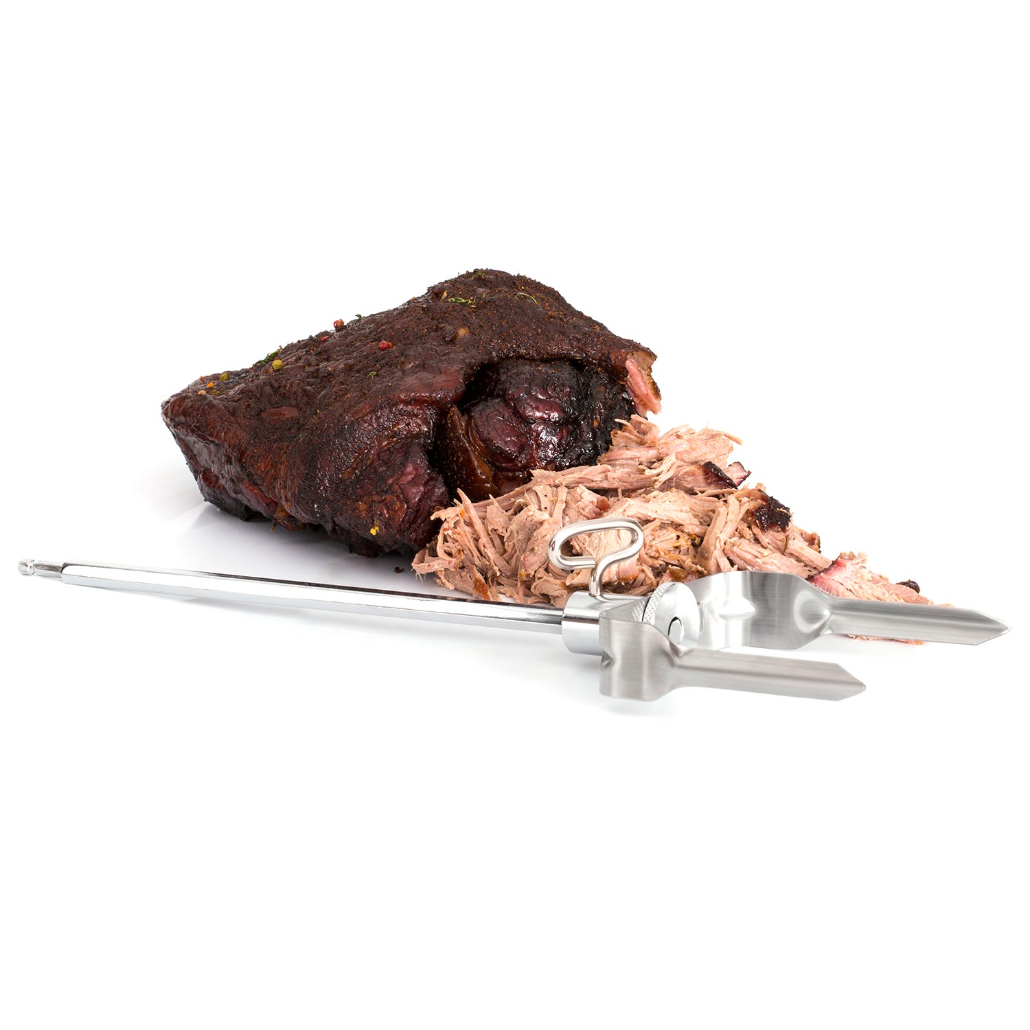 Broil King meat shredder attachment resting over shredded meat and juices