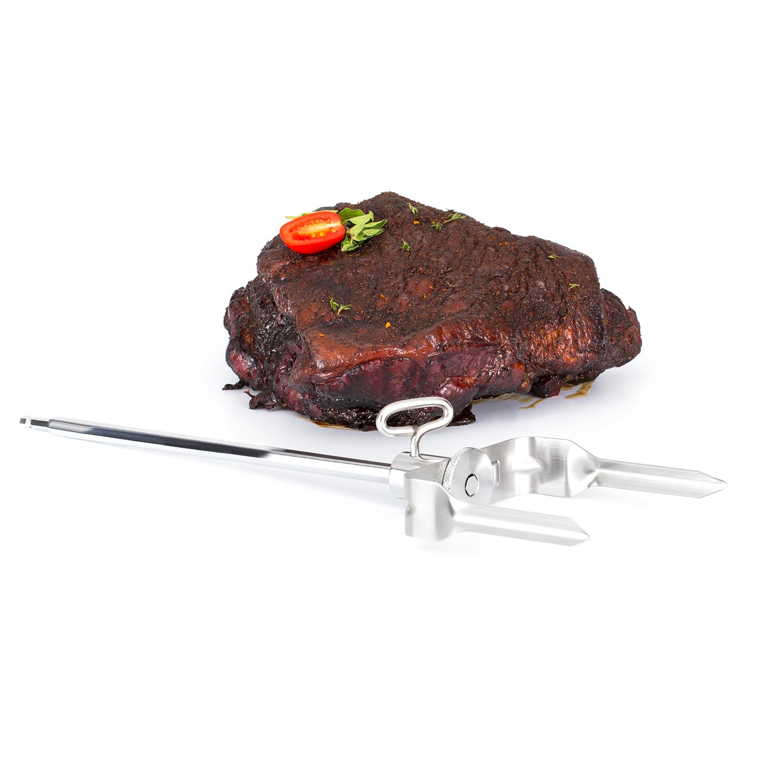 Broil King meat shredder attachment over seasoned brisket with small garnish