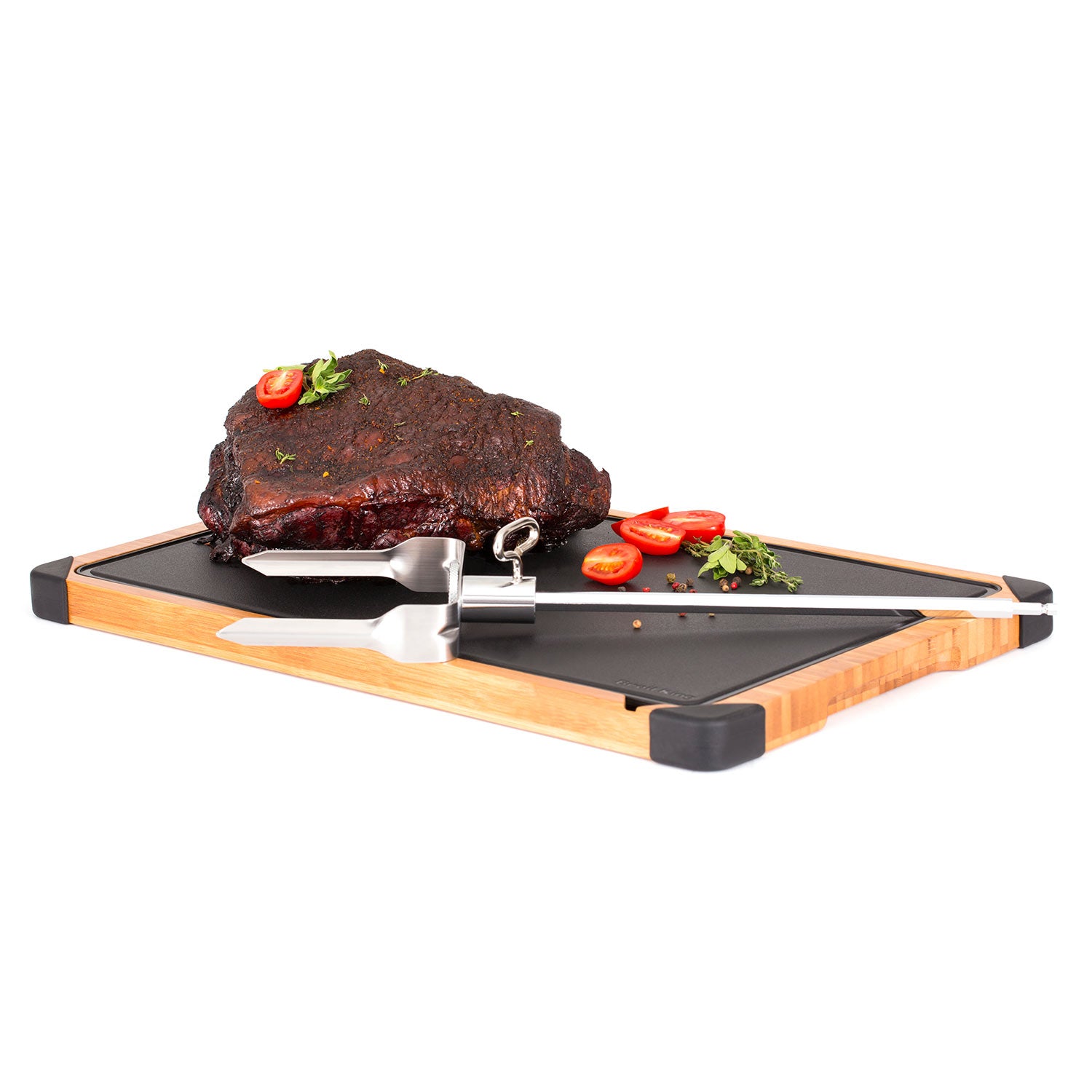 Broil King meat shredder on a grill plate over a large roasted cut