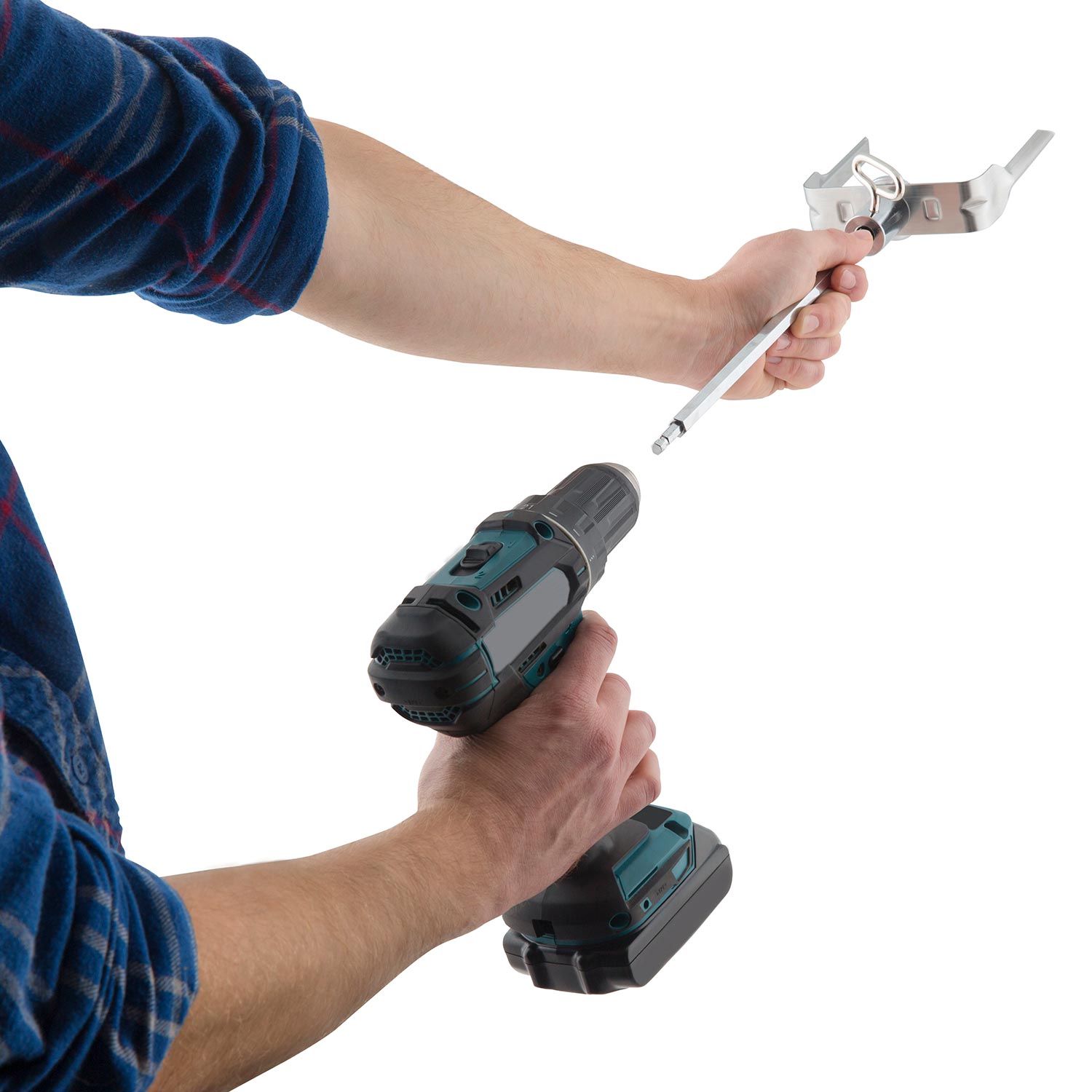 Broil King meat shredder attachment being held with a drill by hands
