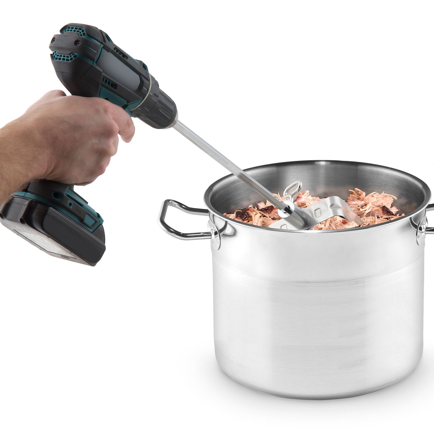 Broil King meat shredder attachment stirring shredded meat in a large pot