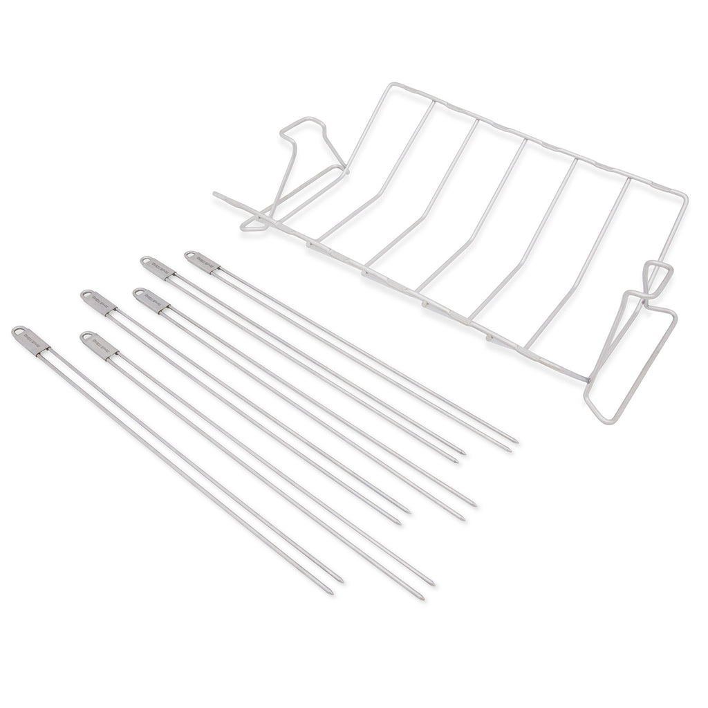 Stainless steel multi-rack skewer kit with wire rack frame and straight skewers
