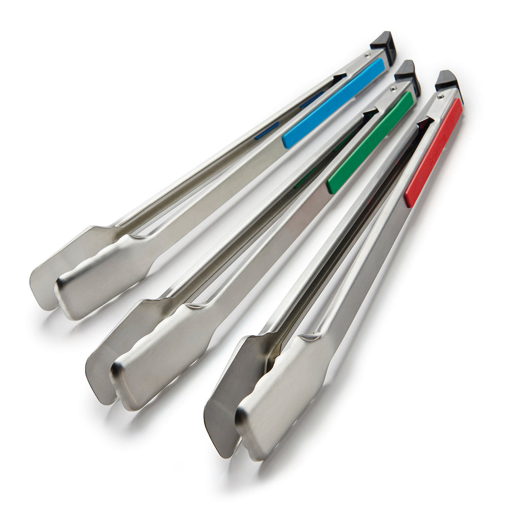 3-pack stainless steel grill tongs with colorful grips for handling food on a grill.