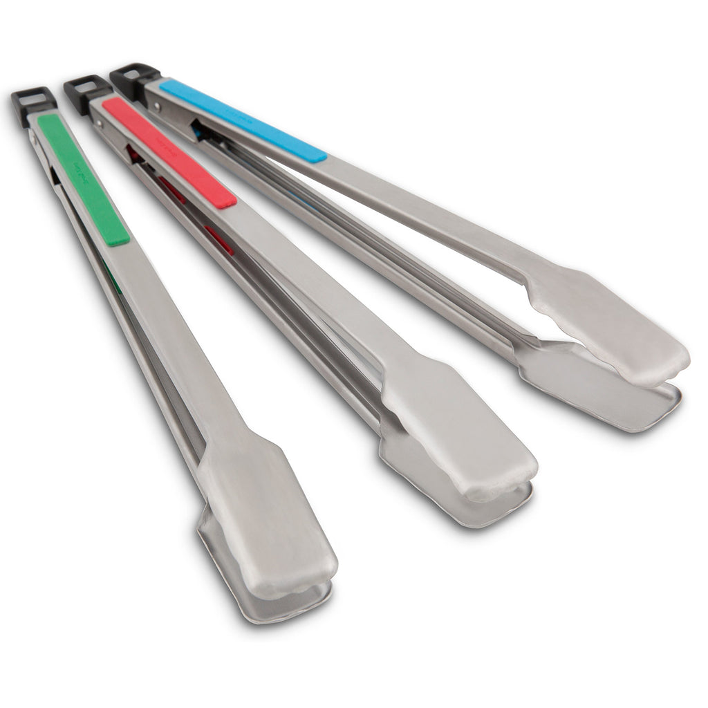 3-pack grill tongs with stainless handles and color grips: blue, green, red.