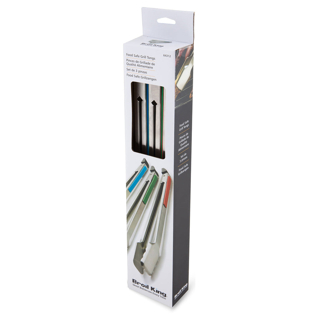 Broil King 64312 grill tongs 3-pack in retail box with color-coded grips.