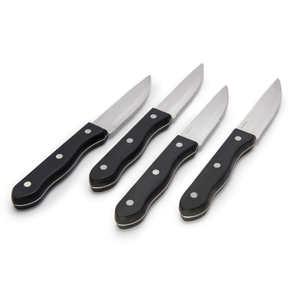 Steak knife set with black handles and silver serrated blades, 5-piece set