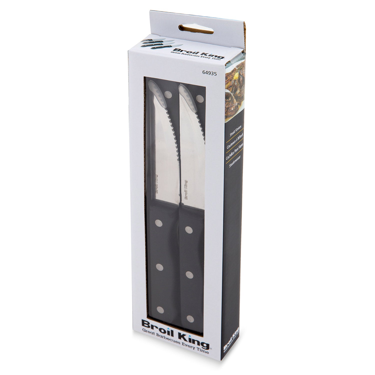 Broil King steak knife set retail box with black-handled knives shown