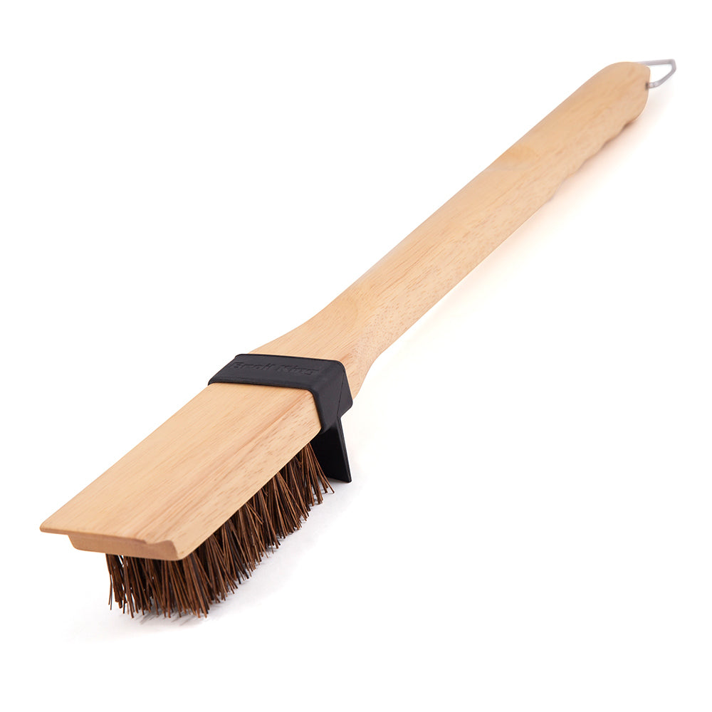 Heavy-duty wood grill brush with palm wood handle, dark collar, and stiff bristles
