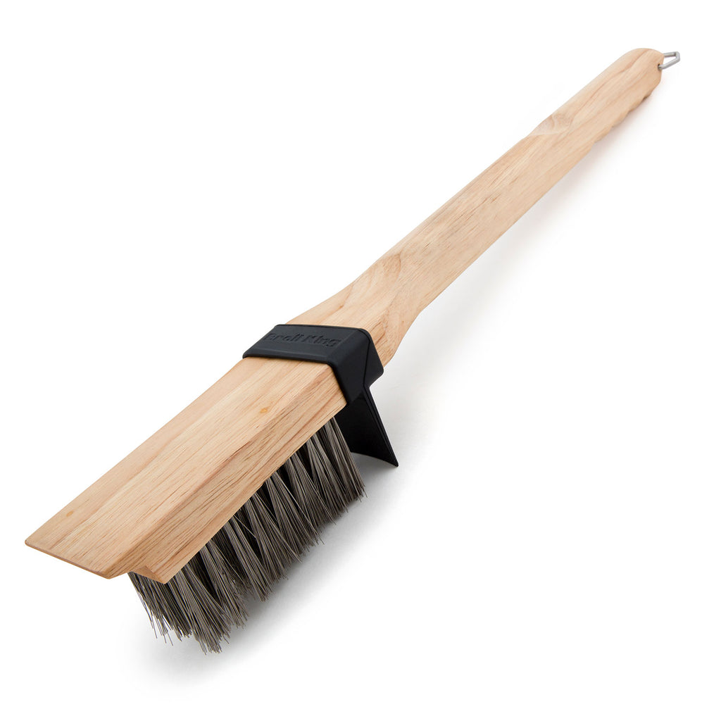 Grill brush with wooden handle and stiff dark bristles for deep cleaning