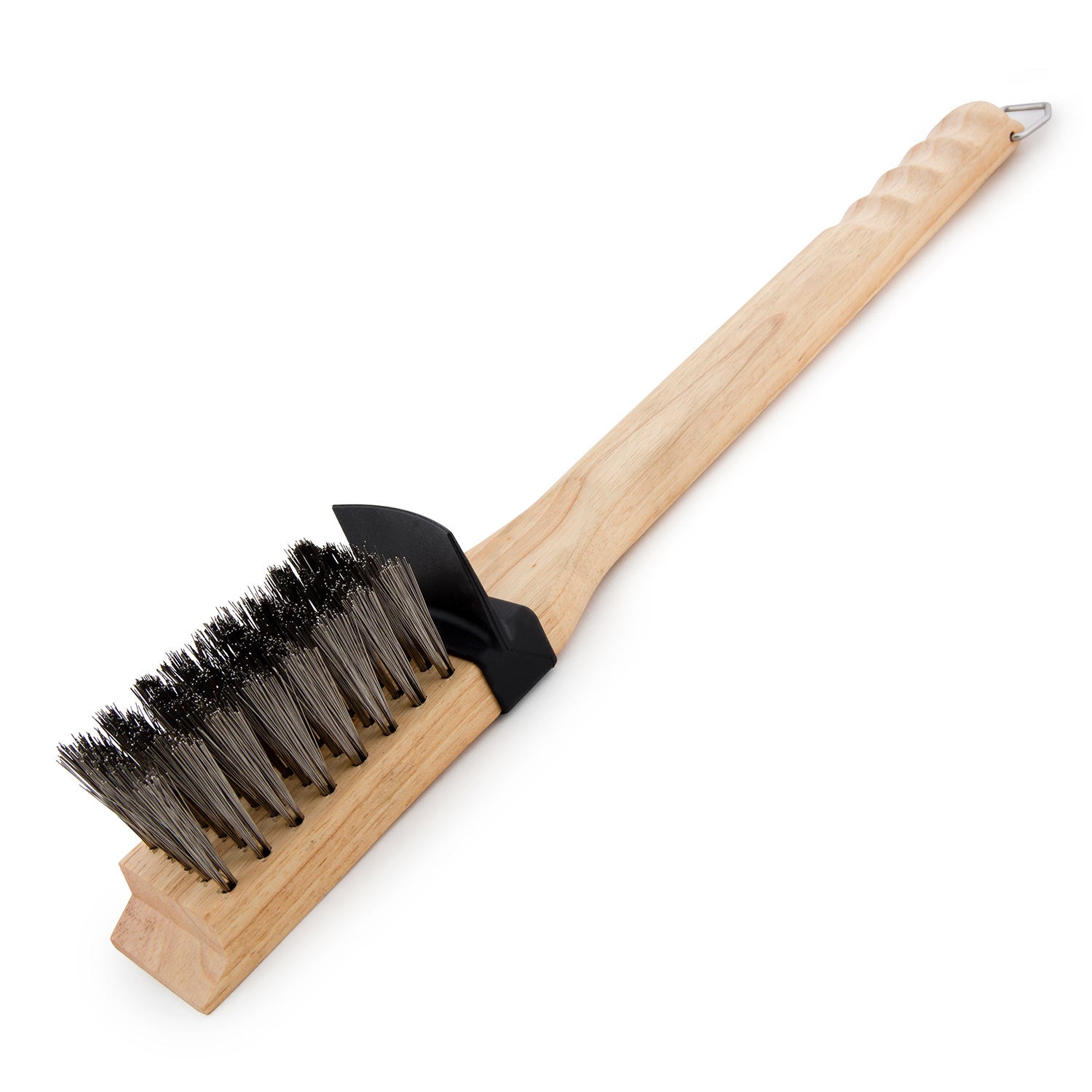 Grill brush with angled head, dense dark bristles, and wooden handle