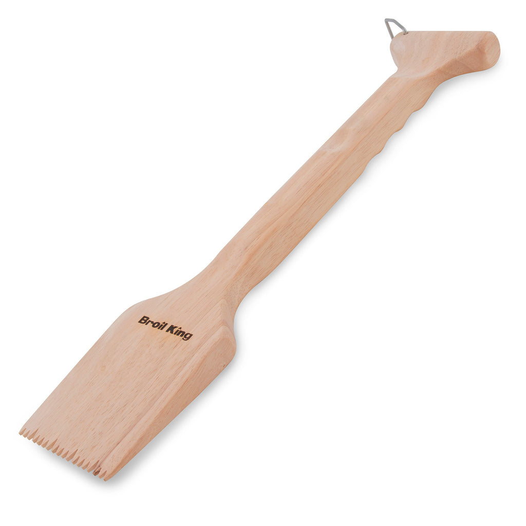 Wood grill scraper with angled head and short tooth bristles
