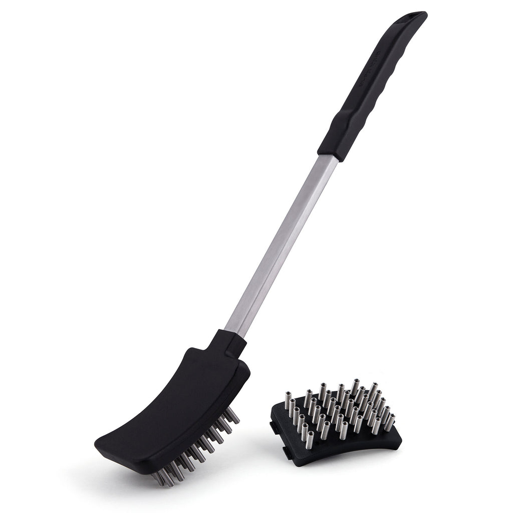 Handheld grill brush with coil spring bristles and black handle, angled head