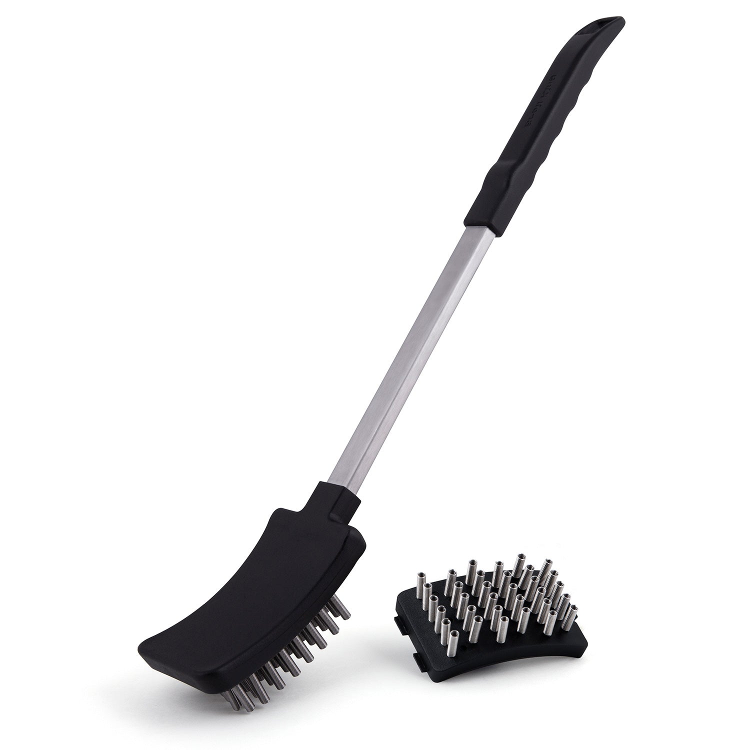 Handheld grill brush with coil spring bristles and black handle, angled head