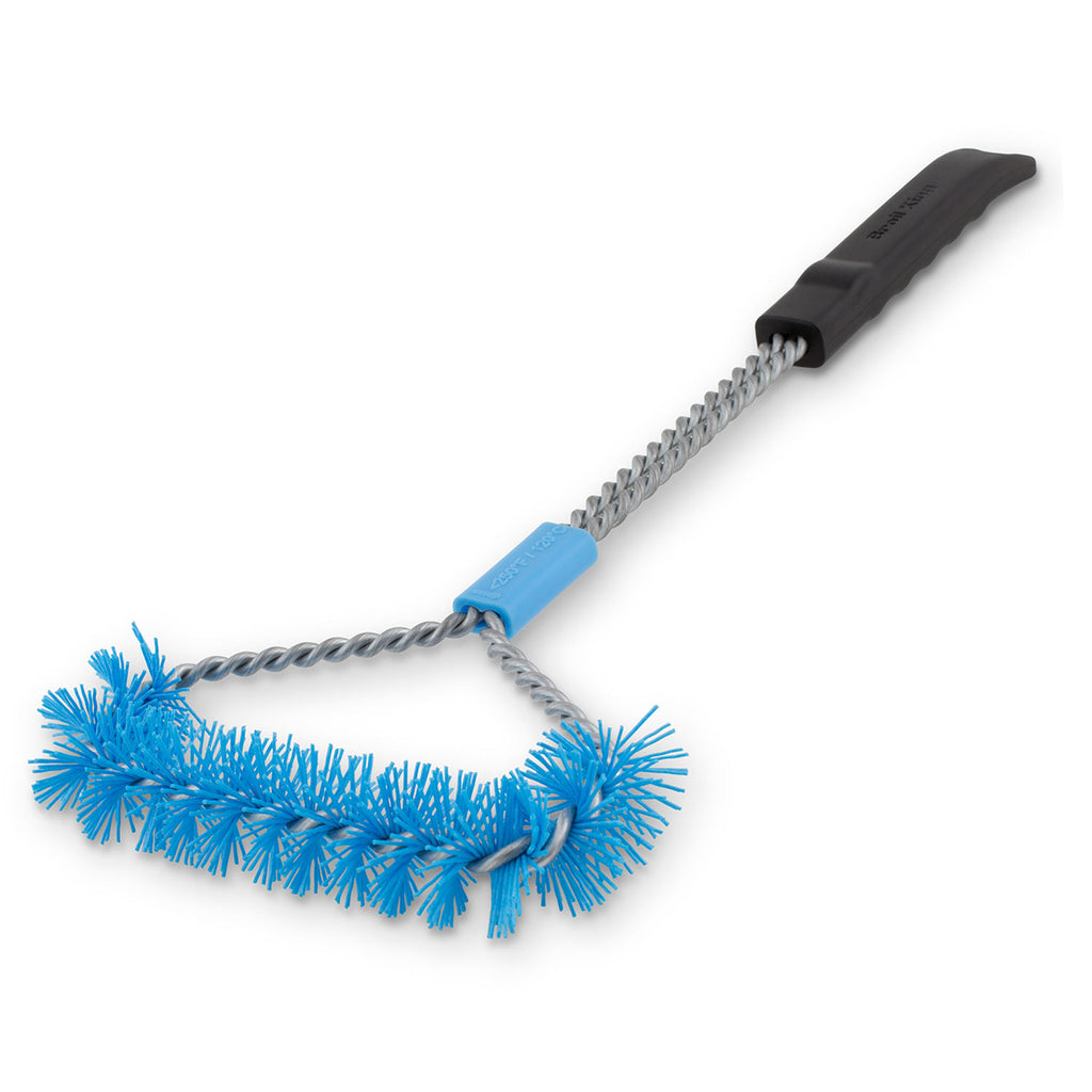 Nylon extra-wide grill brush with blue scrub bristles and black handle