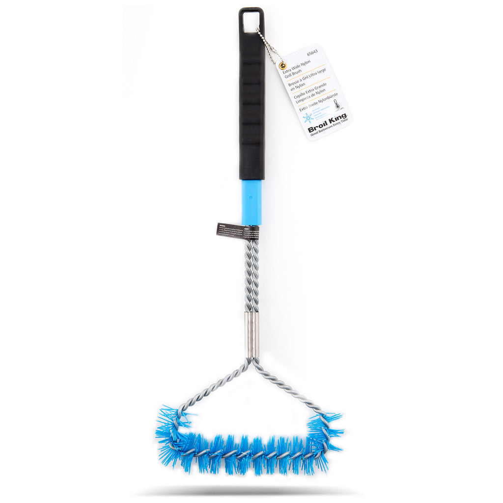 Extra-wide grill brush with blue nylon bristles, black grip, and hanging loop