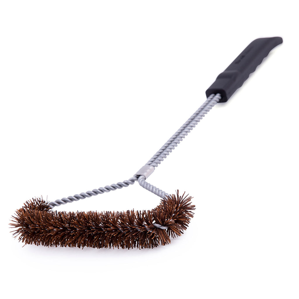 Tri-head grill brush with brown bristles, dark handle, and twisted metal wire neck