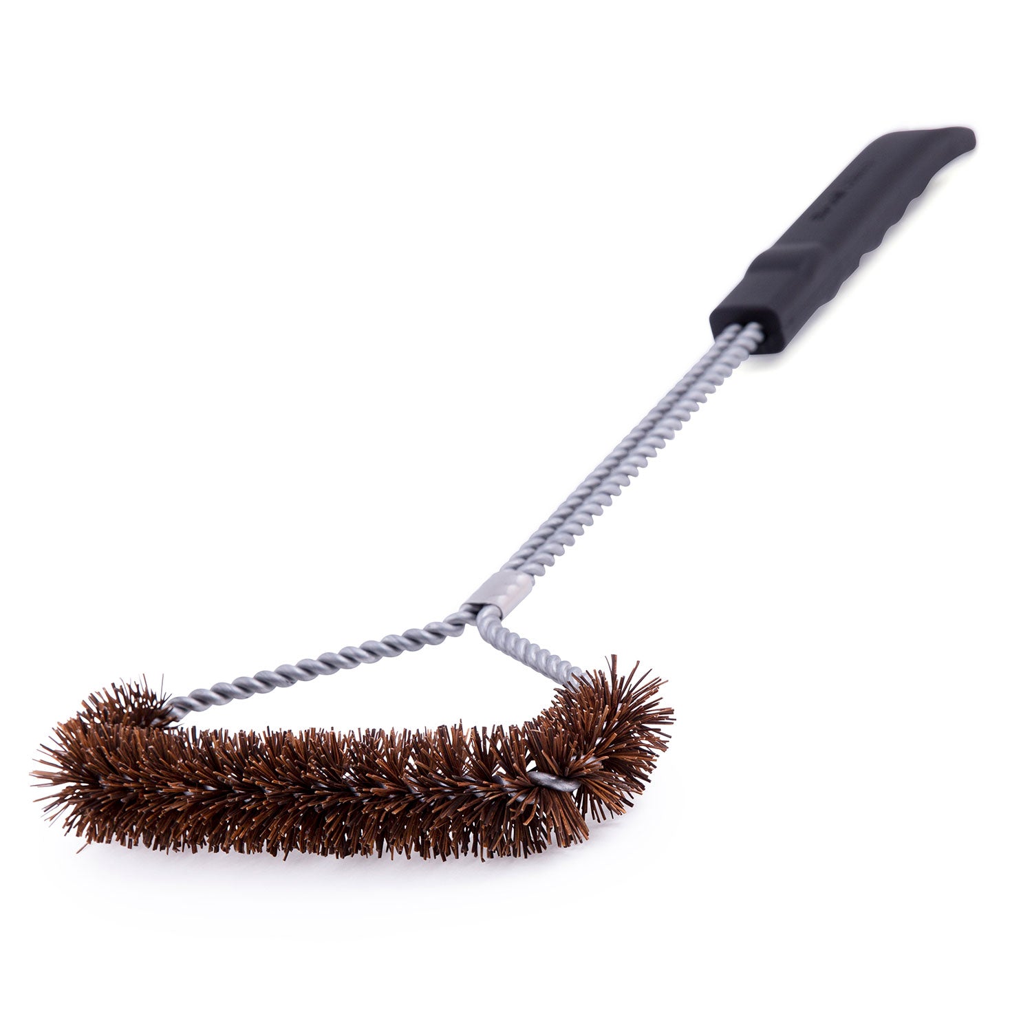 Tri-head grill brush with brown bristles, dark handle, and twisted metal wire neck