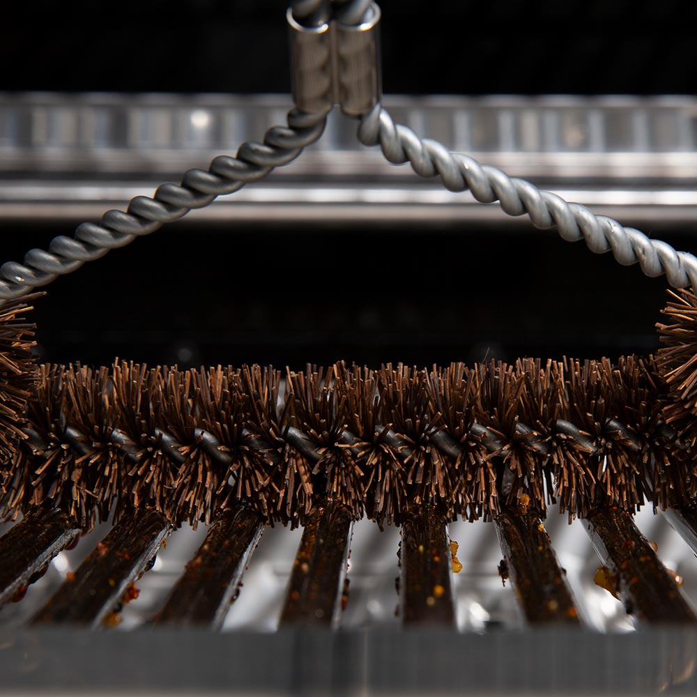 Tri-head grill brush with brown bristle strip and three twisted metal wire arms