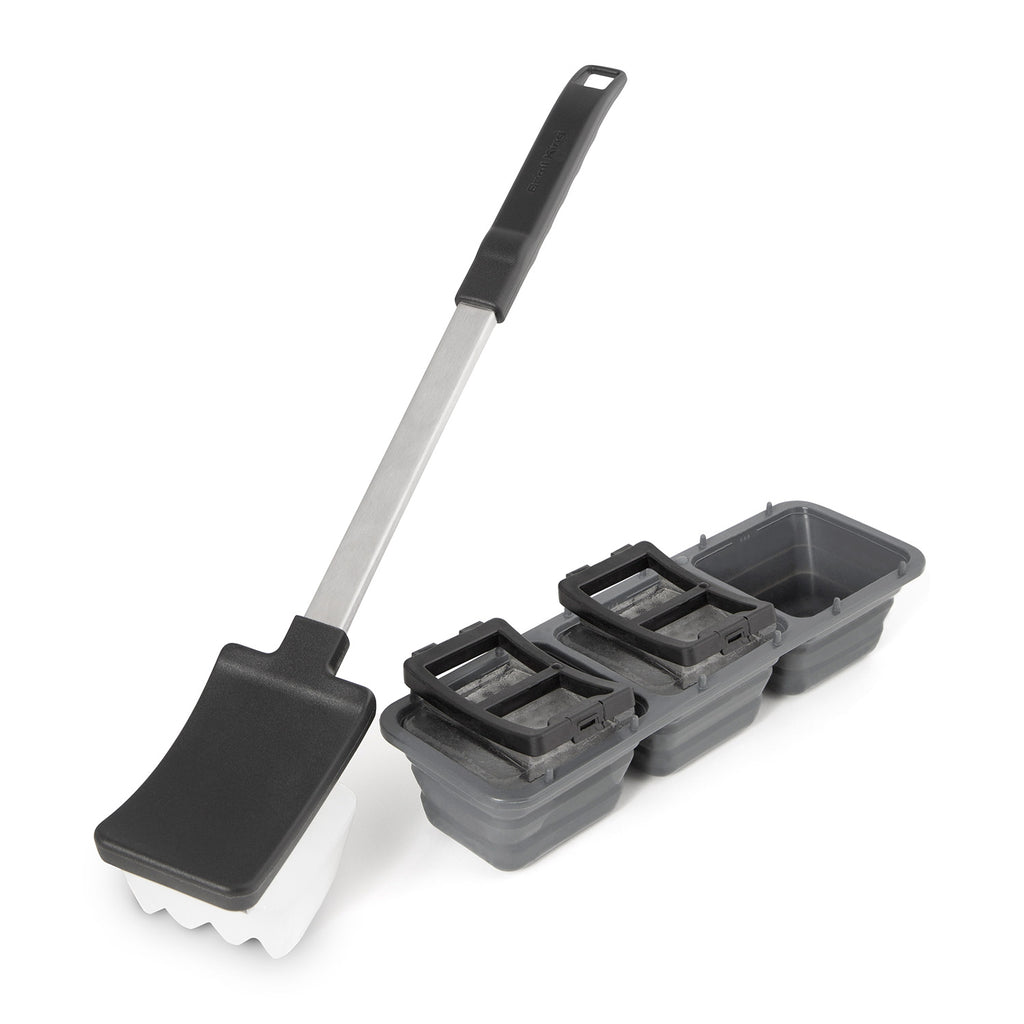 Ice grill brush with long handle, black scraper pad, and gray multi-slot head