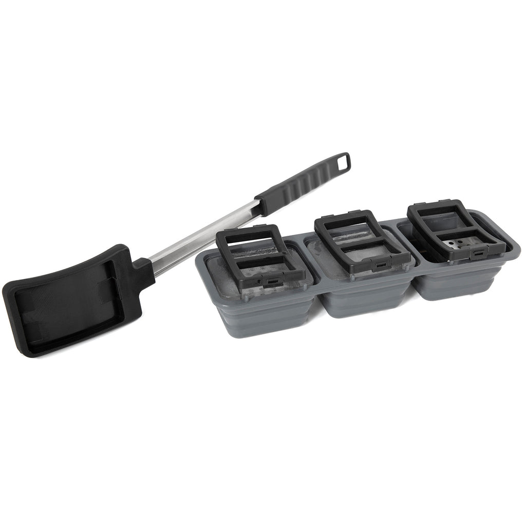 Ice grill brush with long handle and gray head featuring four scraper inserts