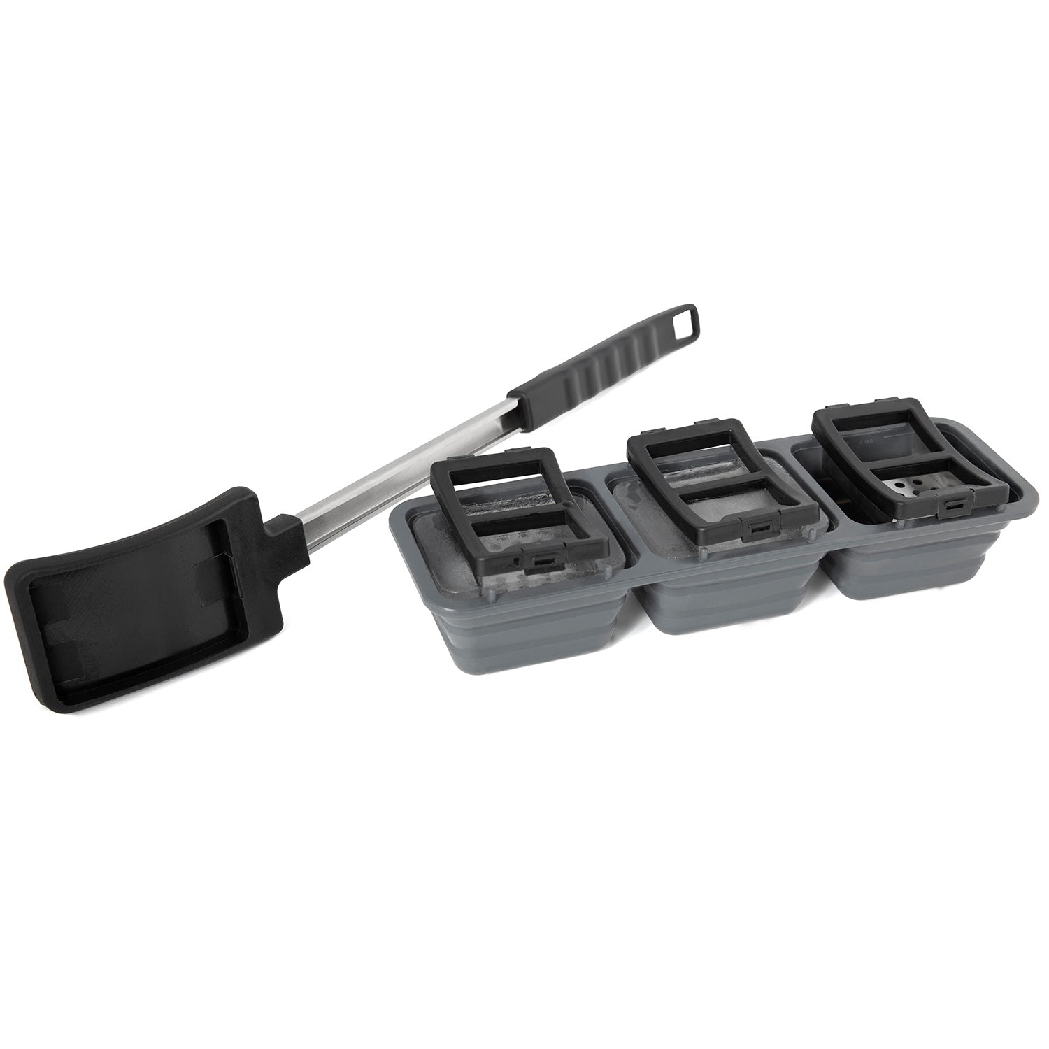 Ice grill brush with long handle and gray head featuring four scraper inserts