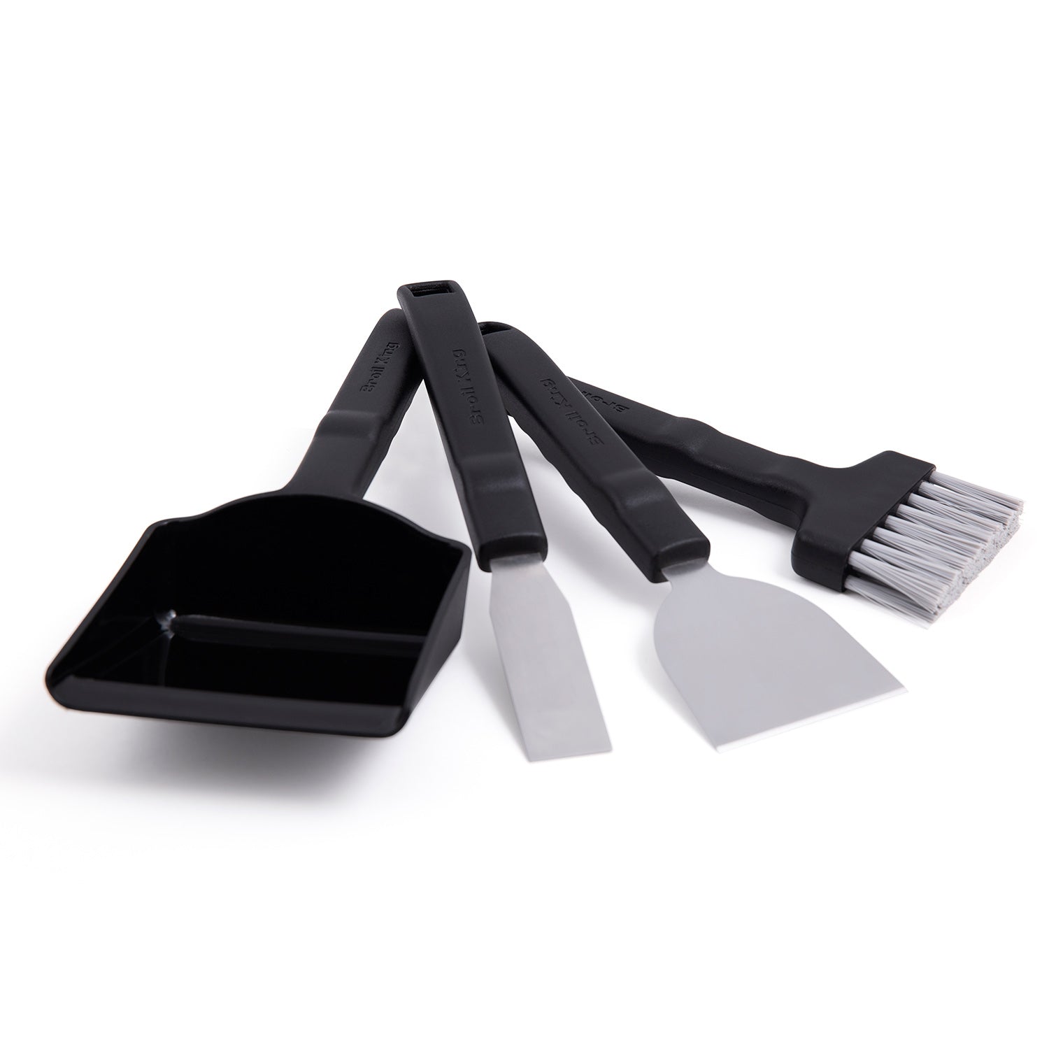 Black dust pan and scraper set with white bristle brush and metal blade