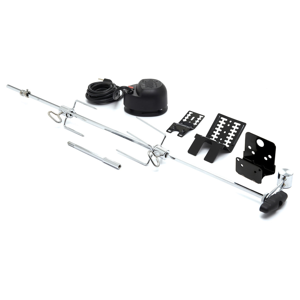 Universal rotisserie kit with long spit rod, forks, brackets, and motor control