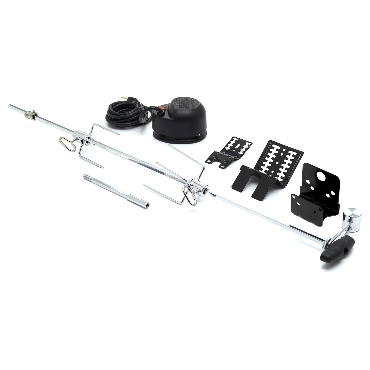 Universal rotisserie kit with long spit rod, forks, brackets, and motor control
