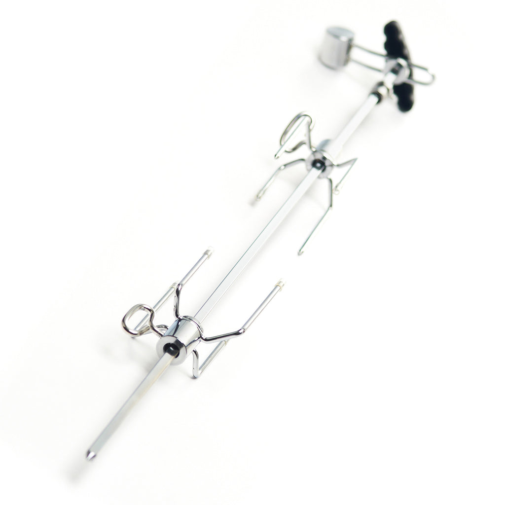 Universal rotisserie spit rod with prongs and support brackets