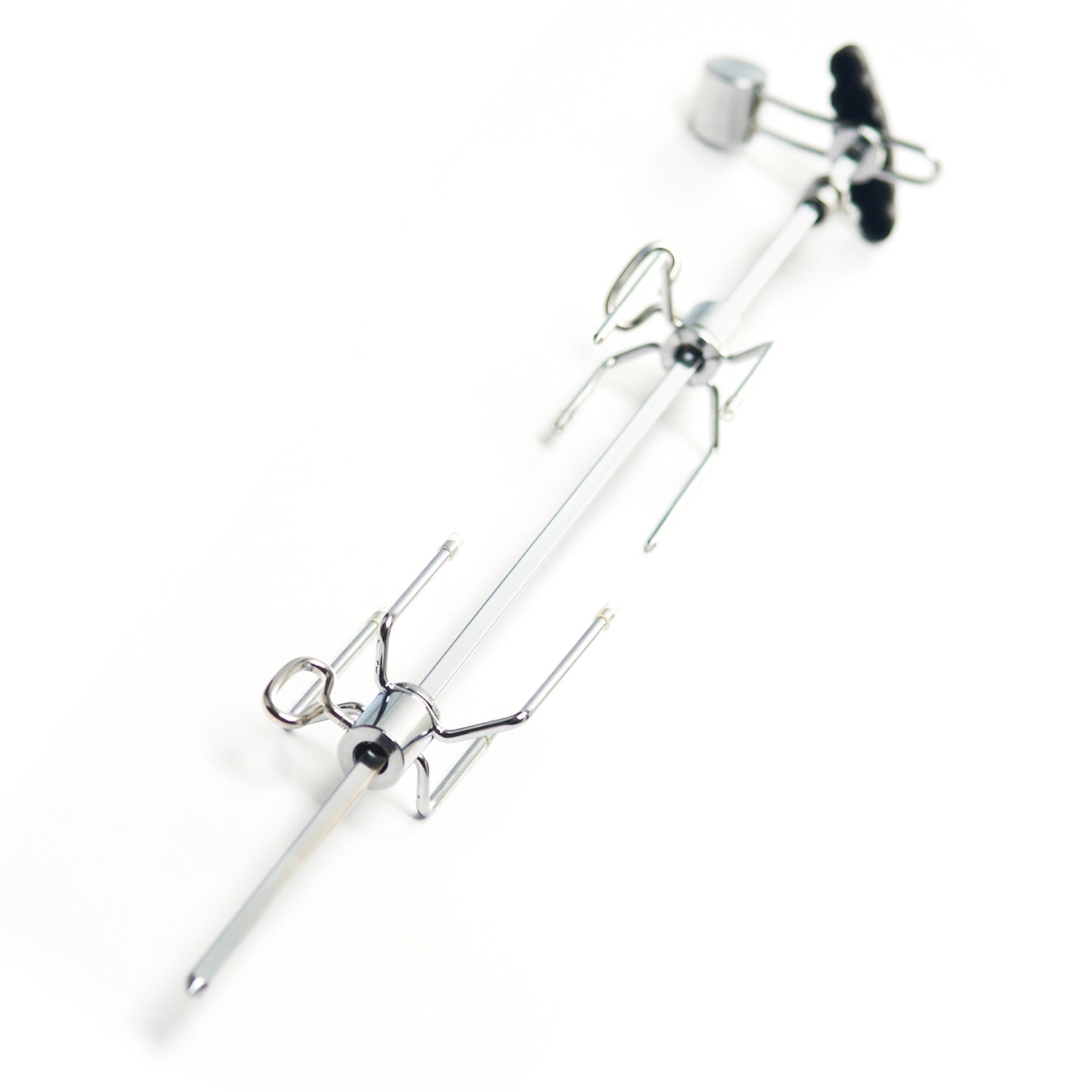 Universal rotisserie spit rod with prongs and support brackets
