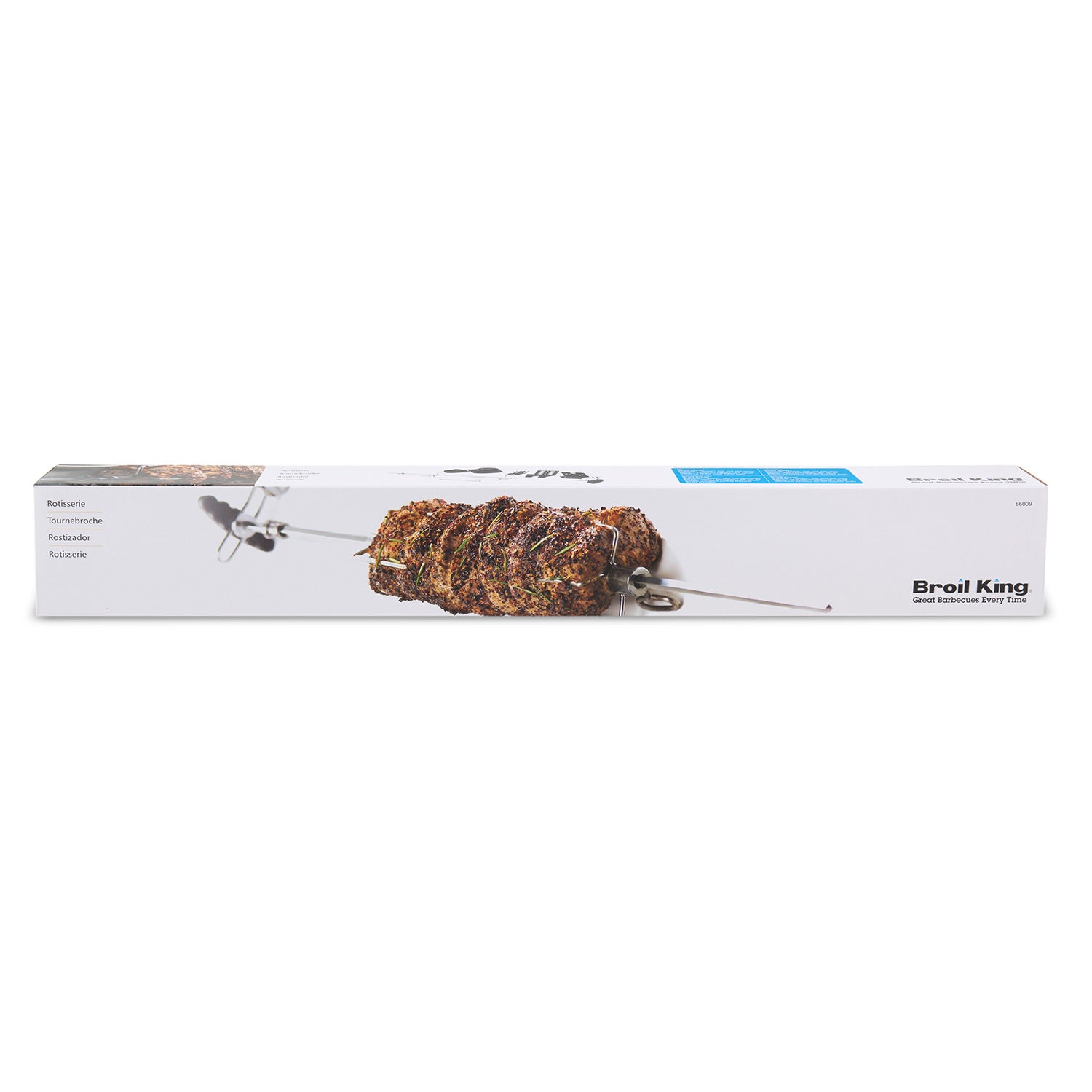 Broil King deluxe universal rotisserie kit box with spit and roast illustration