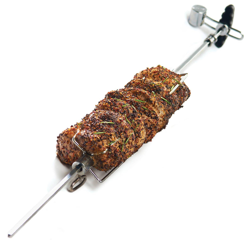 Rotisserie spit with seasoned roast secured by metal forks