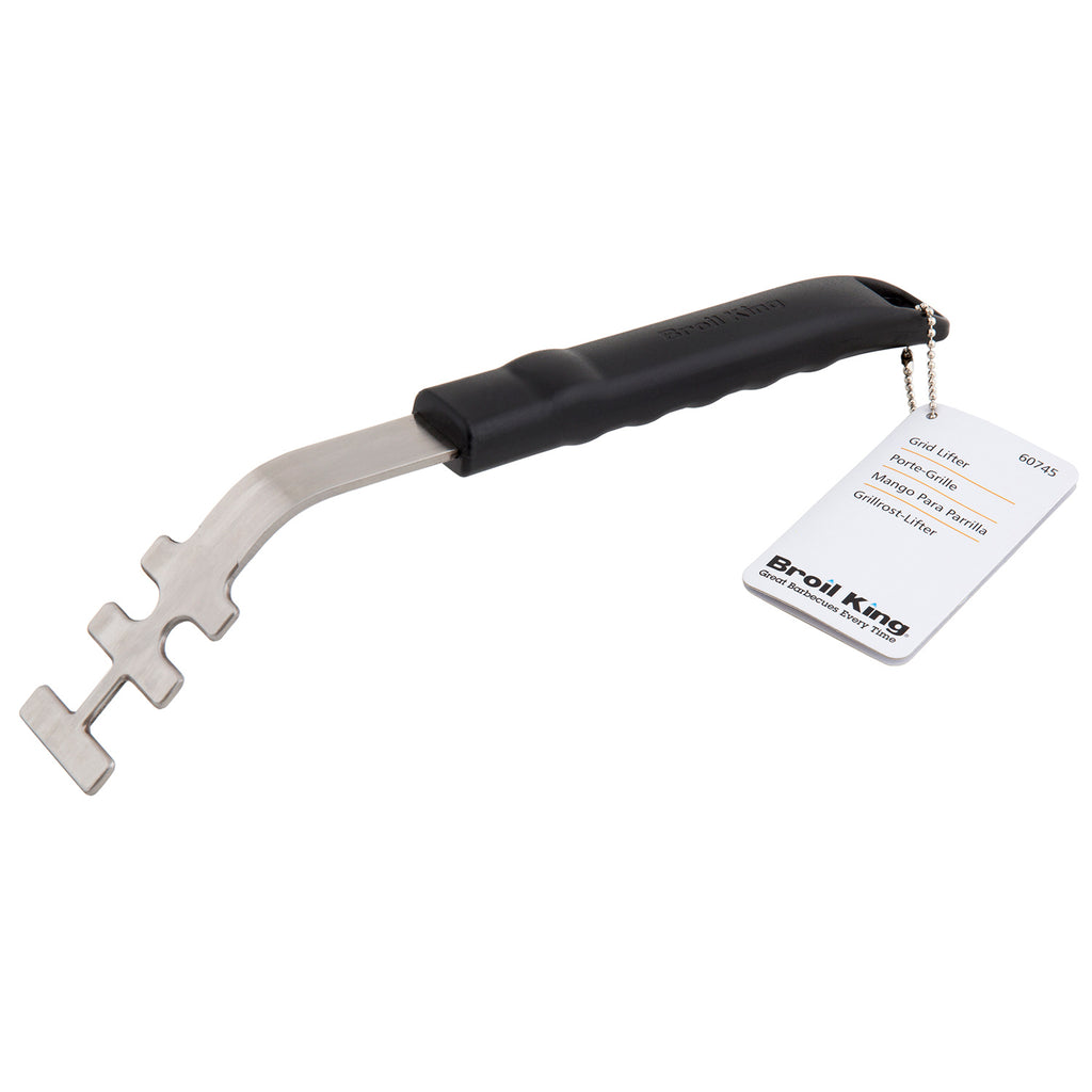 Broil King grid lifter with black handle and metal prongs, with hang tag