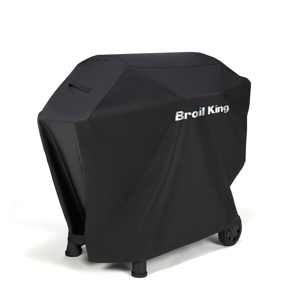 Polyester grill cover for Broil King pellet grill, black with logo and front strap
